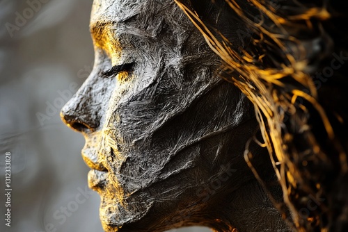 Ethereal Profile Portrait with Textured Face and Golden Highlights