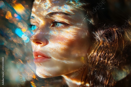 Close-Up Portrait of Woman with Ethereal Light Reflections on Face