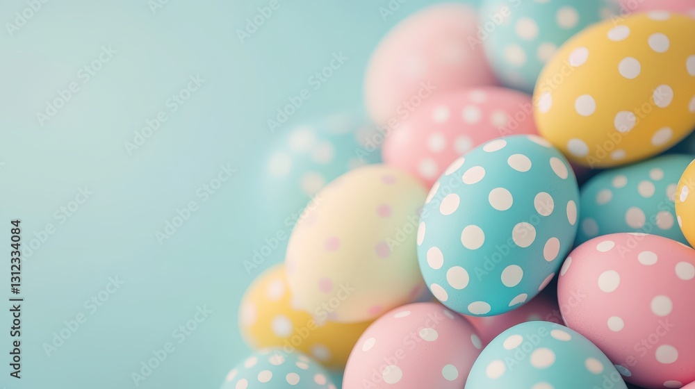 Colorful Polka Dot Easter Eggs Piled Together on a Soft Blue Background for Festive Celebrations Colorful Polka Dot Easter Eggs Piled Together on a Soft Blue Background for Festive Celebrations