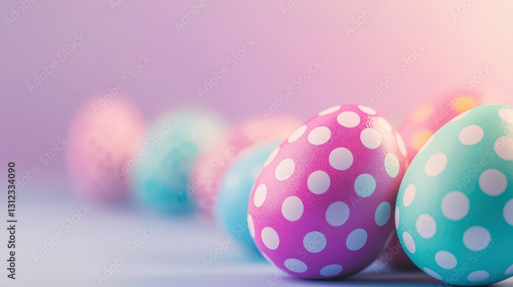 Colorful Pastel Easter Eggs with White Dots Arranged on a Soft Gradient Background Colorful Pastel Easter Eggs with White Dots Arranged on a Soft Gradient Background