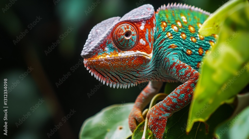 Obraz premium Chameleon clinging to a vine, skin changing color, generative ai