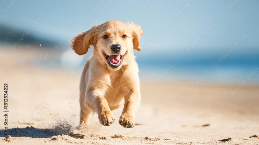 Happy golden retriever puppy running on sand at the beach Happy golden retriever puppy running on sand at the beach