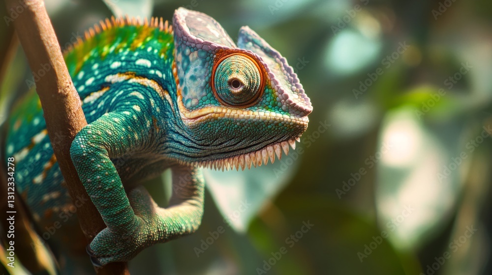 Obraz premium Chameleon clinging to a vine, skin changing color, generative ai