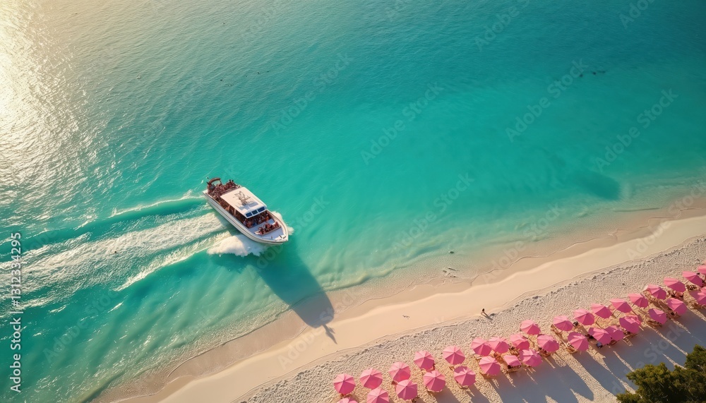 Aerial view Grace Bay, Turks and Caicos during sunset. Tour boat delivers passengers to shore near pink umbrellas on beach with turquoise water. Tropical vacation, holiday destinations. Aerial view Grace Bay, Turks and Caicos during sunset. Tour boat delivers passengers to shore near pink umbrellas on beach with turquoise water. Tropical vacation, holiday destinations.