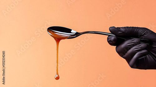 Pouring sauce. Isolated hand in a black glove tilts a spoon, allowing a smooth stream of caramel sauce to flow. Contrast with the clean, solid color background, text or product placement
