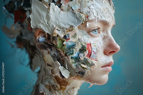 Abstract Portrait of a Young Woman with Collaged Face Features