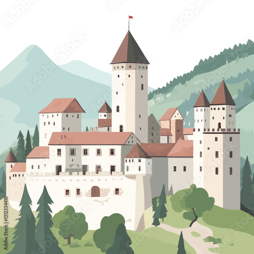 A flat 2D vector of a historic European castle with medieval architecture.