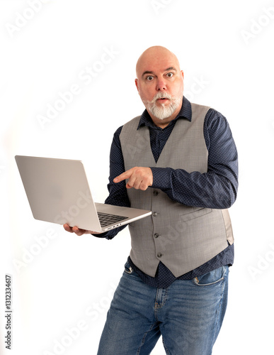 acteur jouant un manager mature étonné par ce qu'il voir sur l'écran de son ordinateur portable - fond blanc