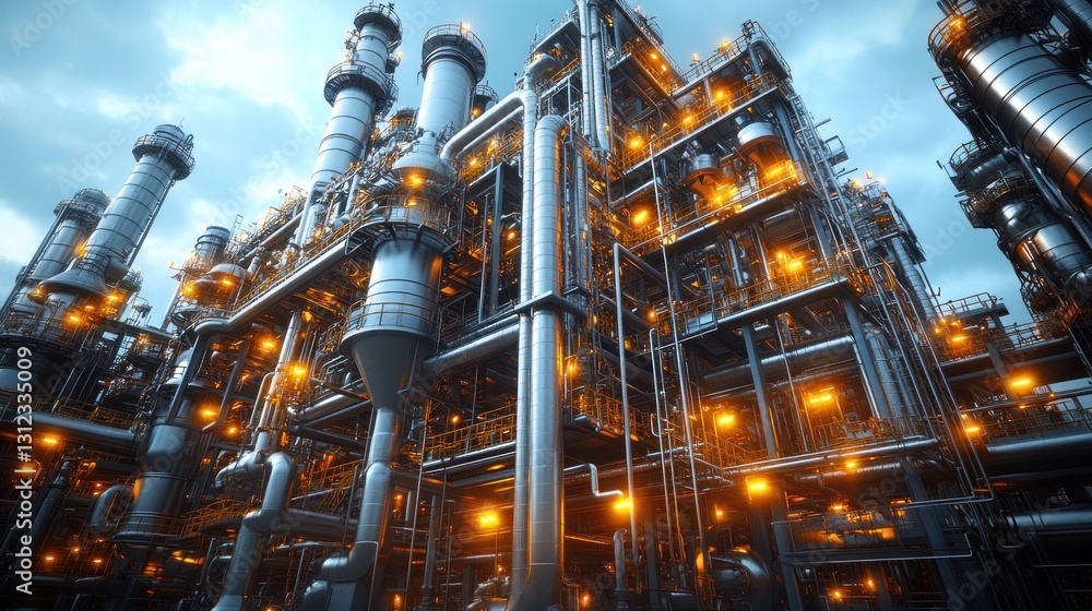 Complex industrial facility with towering structures and bright illumination Complex industrial facility with towering structures and bright illumination