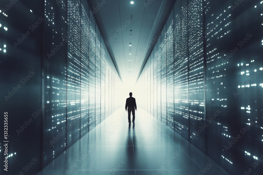Man Walking in Futuristic Data Center with Glowing Lights Man Walking in Futuristic Data Center with Glowing Lights