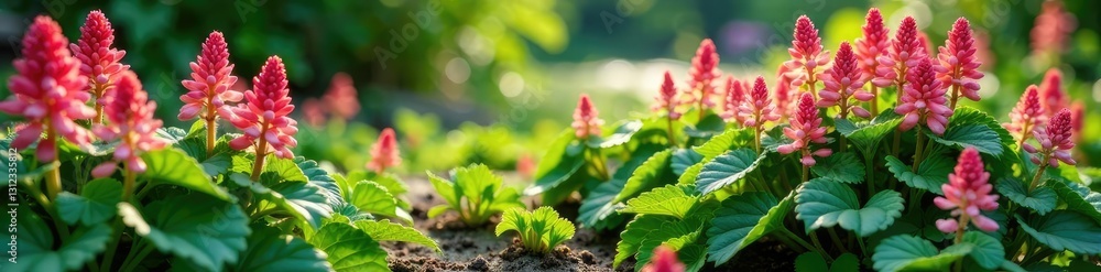 Foliage of Tiarella Candy Stripe with flowers in a shaded area, flowering plants, garden Foliage of Tiarella Candy Stripe with flowers in a shaded area, flowering plants, garden