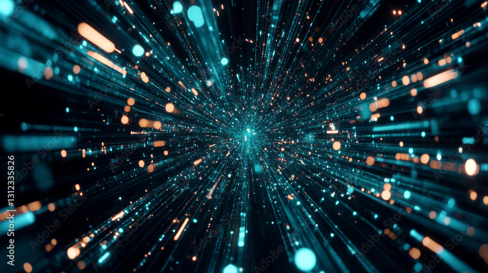 Naklejka premium vibrant explosion of light particles in dark space, creating sense of depth and motion. blue and orange colors enhance dynamic feel of image
