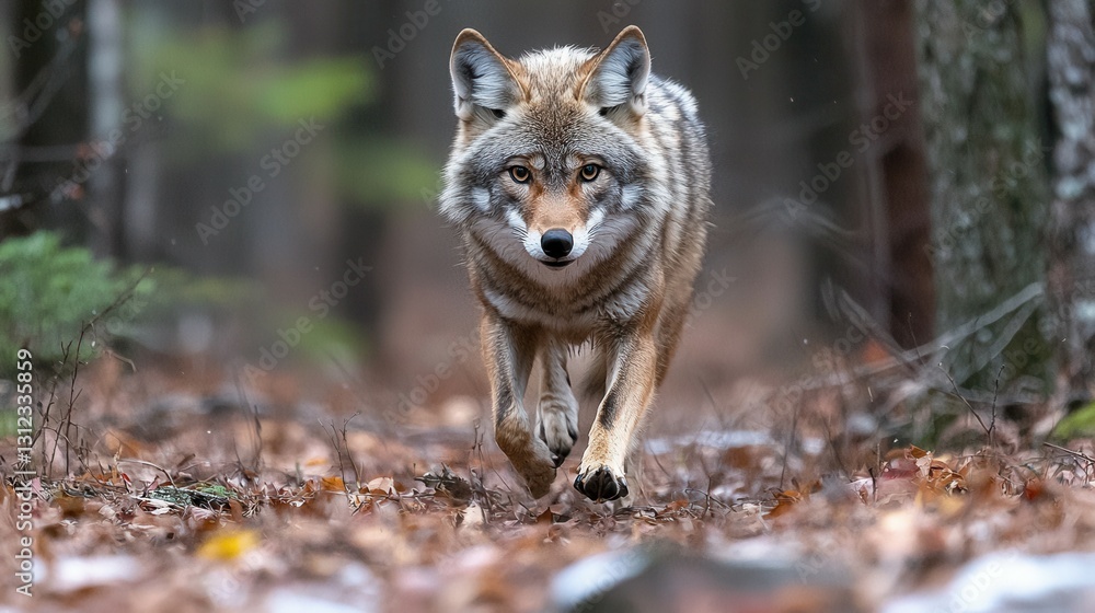 Fototapeta premium A coyote moves stealthily along a wooded trail covered with colorful autumn leaves. The animal appears focused and alert amid the tranquil forest surroundings