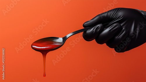 Isolated hand in a black glove tilts a spoon, allowing a smooth stream of pink sauce to flow. Contrast with the clean, solid color background, text or product placement