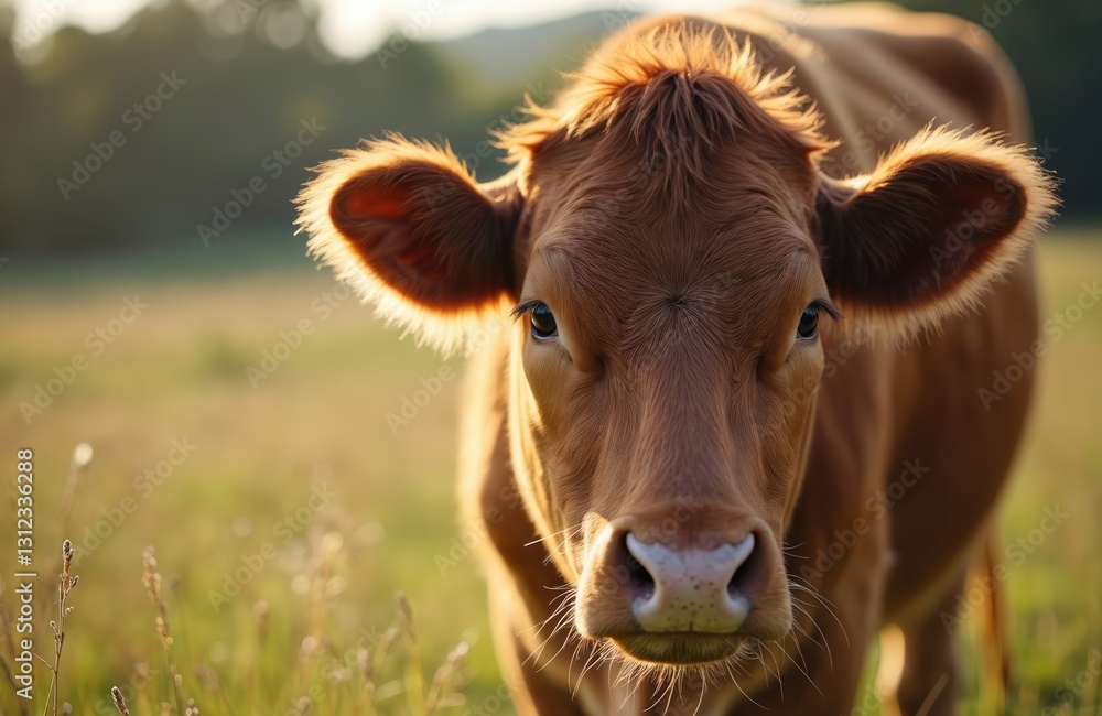 Close-up portrait of brown cow in meadow. Animal looking to camera on green grass pasture. Cattle livestock grazing at farm. Sustainable agriculture, regenerative raised beef concept. Close-up portrait of brown cow in meadow. Animal looking to camera on green grass pasture. Cattle livestock grazing at farm. Sustainable agriculture, regenerative raised beef concept.