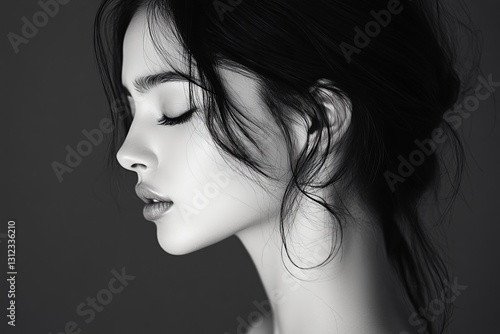 Elegant profile portrait of a woman with soft makeup and hair design