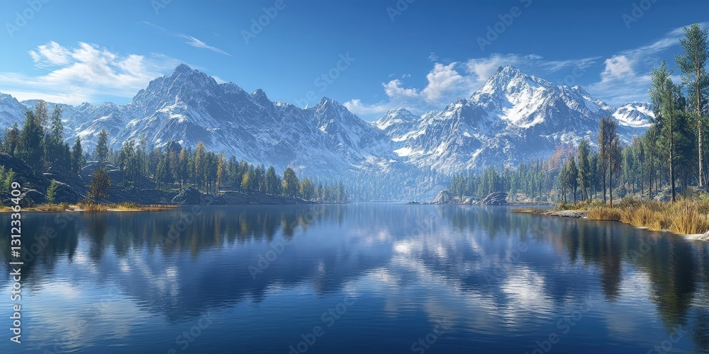 A serene mountain range mirrors on deep blue-green waters. Snow-capped peaks intertwine with azure skies, casting tranquil reflections A serene mountain range mirrors on deep blue-green waters. Snow-capped peaks intertwine with azure skies, casting tranquil reflections