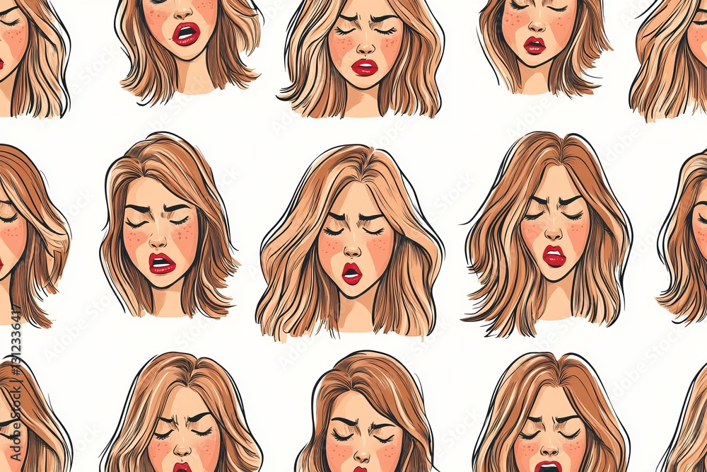 Seamless Pattern of Female Faces Expressing Various Emotions Seamless Pattern of Female Faces Expressing Various Emotions