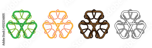 Trefoil made of ribbons in cult style. Emblem, logo. Four design options. Vector
