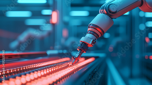 A robotic arm is actively working on a production line, illuminated by vibrant blue and red lights, showcasing advanced technology in an industrial setting.