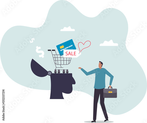 Consumerism, wanting mind or desire to buy and purchasing more, buying therapy or shopping addiction.business concept.flat character.