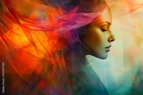 Ethereal Portrait of Woman with Colorful Flowing Fabric Background