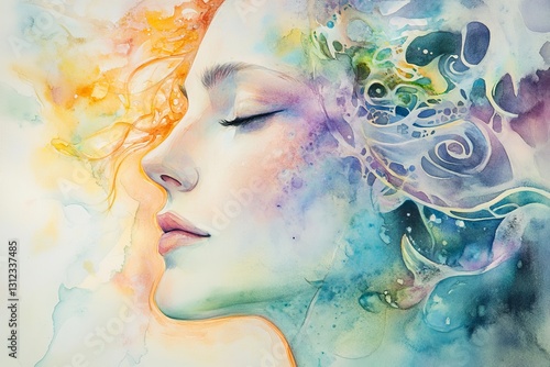 Colorful Abstract Portrait of a Young Woman with Dreamy Expression
