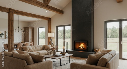 Wallpaper Mural Cozy Living Room with Fireplace and Rustic Wooden Beams Design Torontodigital.ca
