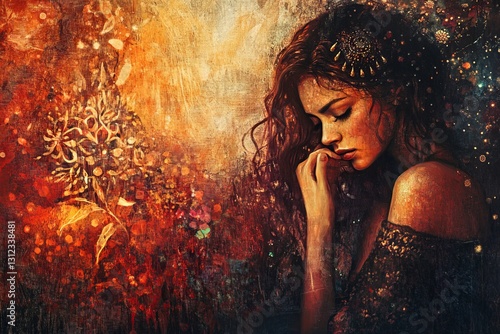 Portrait of a Thoughtful Woman with Artistic Background and Textures