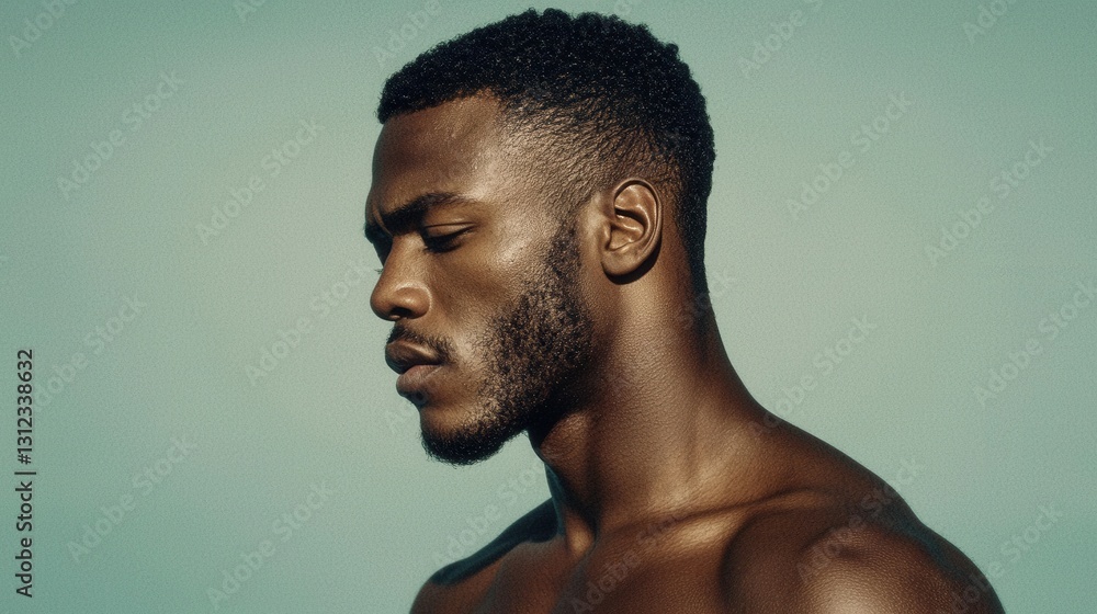 A young man stands in profile, displaying a strong jawline and defined features. His short, curly hair contrasts with the soft light backdrop, highlighting his expression of determination and calm A young man stands in profile, displaying a strong jawline and defined features. His short, curly hair contrasts with the soft light backdrop, highlighting his expression of determination and calm