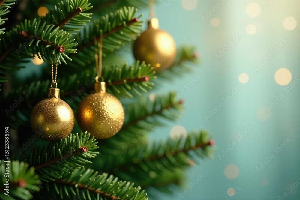 Pine tree branches with golden ball ornaments, garland, decoration, glitter Pine tree branches with golden ball ornaments, garland, decoration, glitter