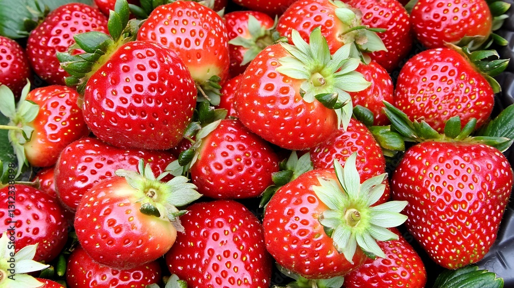 Ripe red strawberries in pile on display for sale in market Ripe red strawberries in pile on display for sale in market