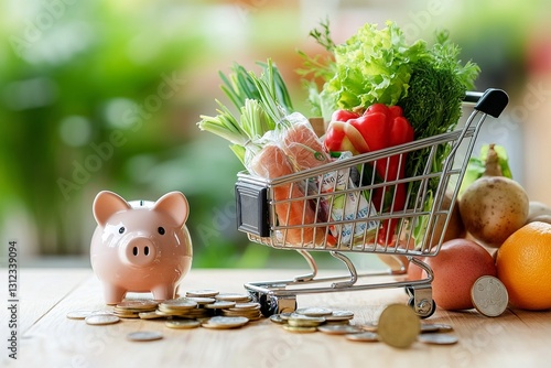 Wallpaper Mural Mini shopping cart filled with assorted products, placed next to a piggy bank with a few coins on the table, symbolizing shopping and savings.

 Torontodigital.ca