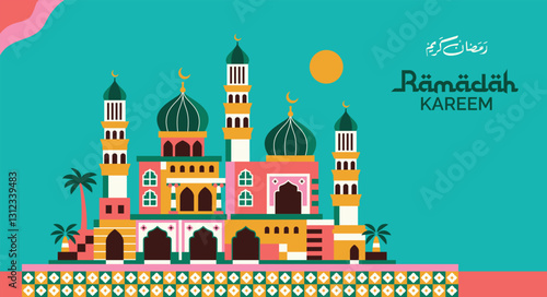 colorfull ramadan kareem geometric landscape pattern with arabic city and various brightly colored islamic icons