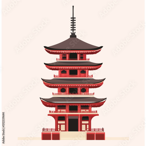 A flat 2D vector of a historic Japanese pagoda with curved roofs.