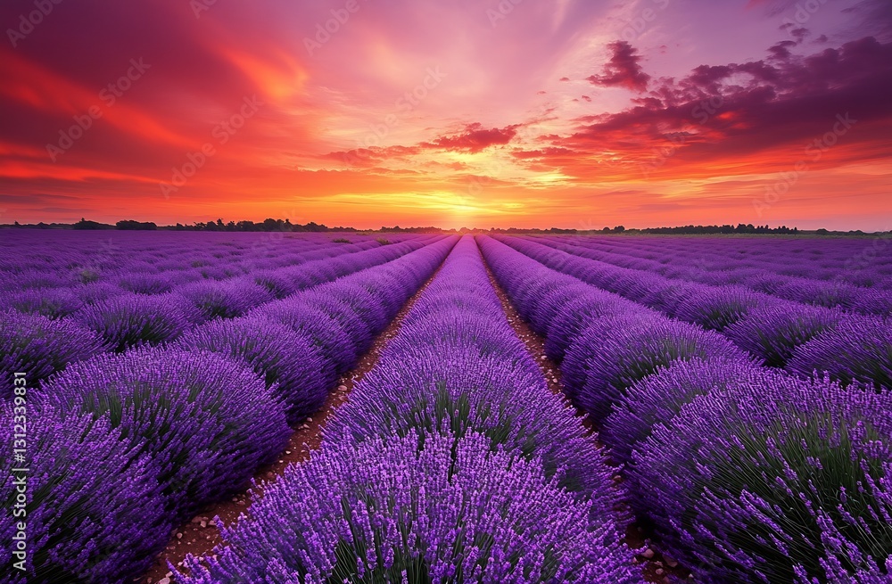 Obraz premium Stunning Lavender Fields at Sunset Showcasing Beautiful Purple Blooms and Dramatic Skies : Generative AI