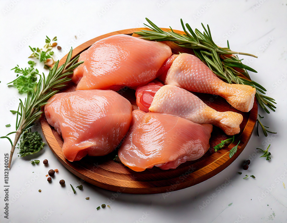 Raw chicken thighs and drumsticks skin-on bone-in on white background