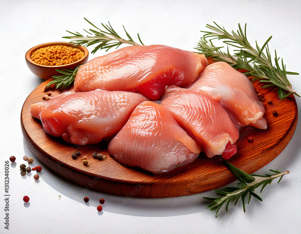 Raw chicken thighs and drumsticks skin-on bone-in on white background
