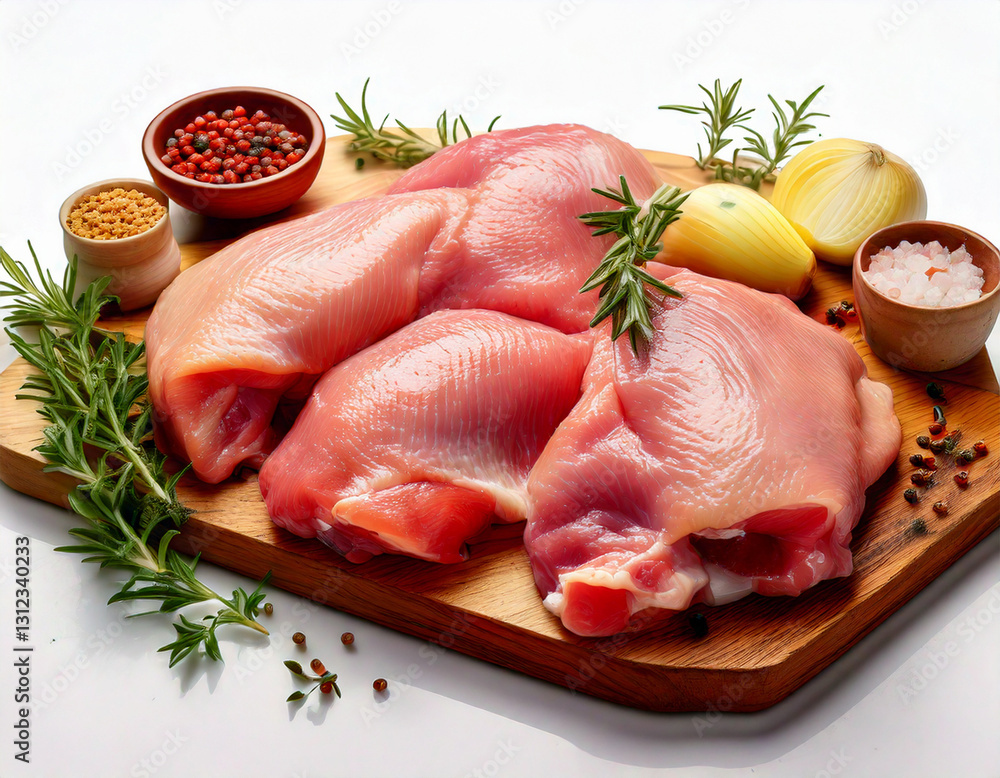 Raw chicken thighs and drumsticks skin-on bone-in on white background