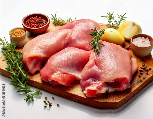 Raw chicken thighs and drumsticks skin-on bone-in on white background