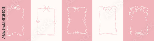 Set of rectangle elegant bow ribbon frames. Coquettish hand drawn doodle line art illustration. French style. Italian la dolce vita design element. Whimsical spring border drawing. Wedding invitation