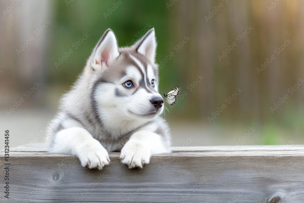 Fototapeta premium A playful Siberian Husky puppy gazes at a butterfly in a serene outdoor setting