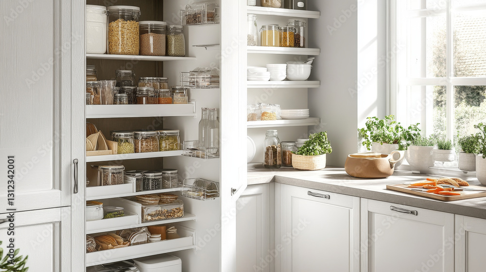 well organized kitchen pantry with clear jars, spices, and fresh herbs, creating bright and inviting atmosphere. shelves are neatly arranged, showcasing variety of ingredients well organized kitchen pantry with clear jars, spices, and fresh herbs, creating bright and inviting atmosphere. shelves are neatly arranged, showcasing variety of ingredients