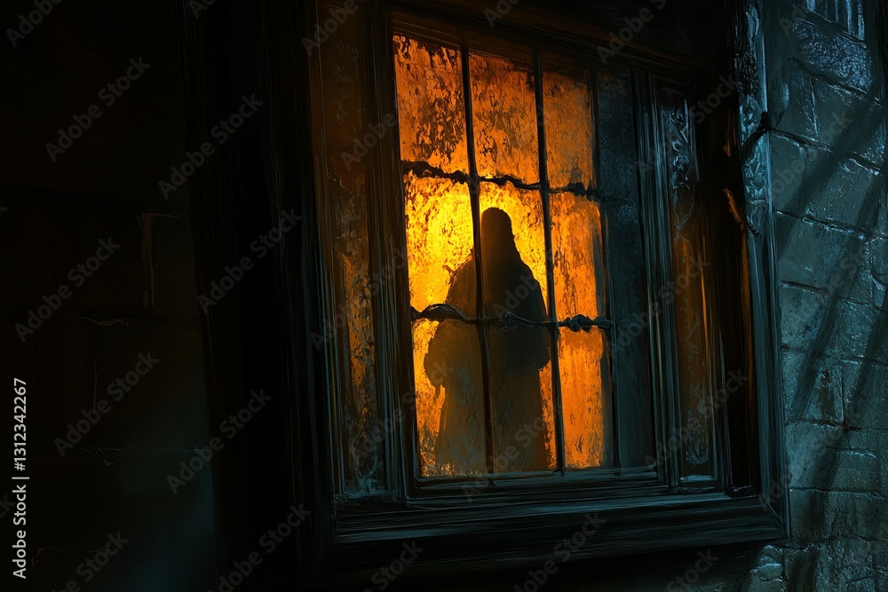 Mysterious Silhouette Behind Rain-Soaked Window at Night Mysterious Silhouette Behind Rain-Soaked Window at Night