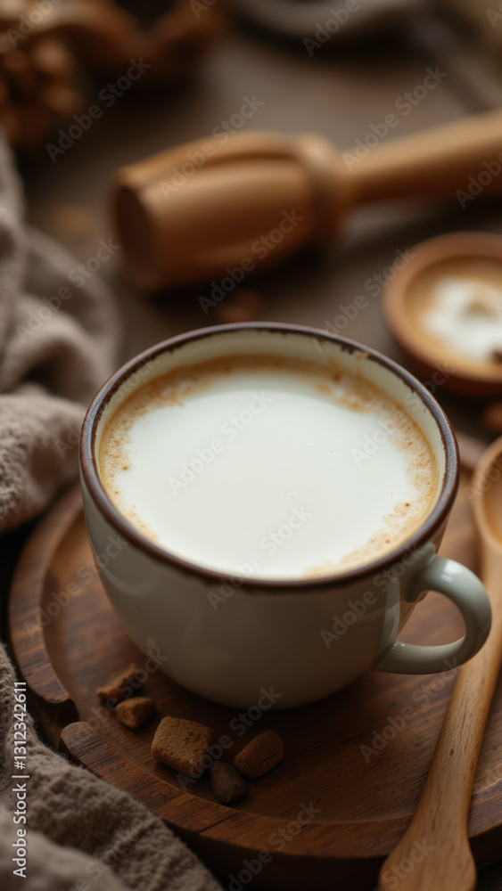 Delicious cup of coffee with cream on a wooden table with baking tools in the background. Delicious cup of coffee with cream on a wooden table with baking tools in the background.