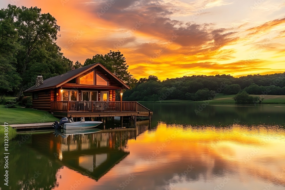 Fototapeta premium Stunning lakeside cabin at sunset showcasing vibrant colors and peaceful ambiance : Generative AI
