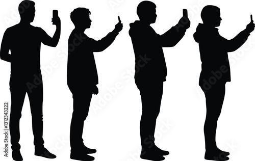 Modern silhouette of a person capturing a selfie with a smartphone, standing confidently, black vector illustration