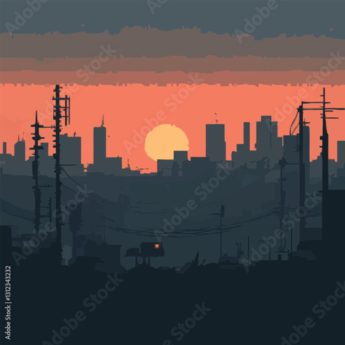 A flat 2D vector of a breathtaking city skyline with a sunset backdrop.
