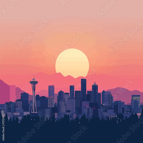 A flat 2D vector of a breathtaking city skyline with a sunset backdrop.