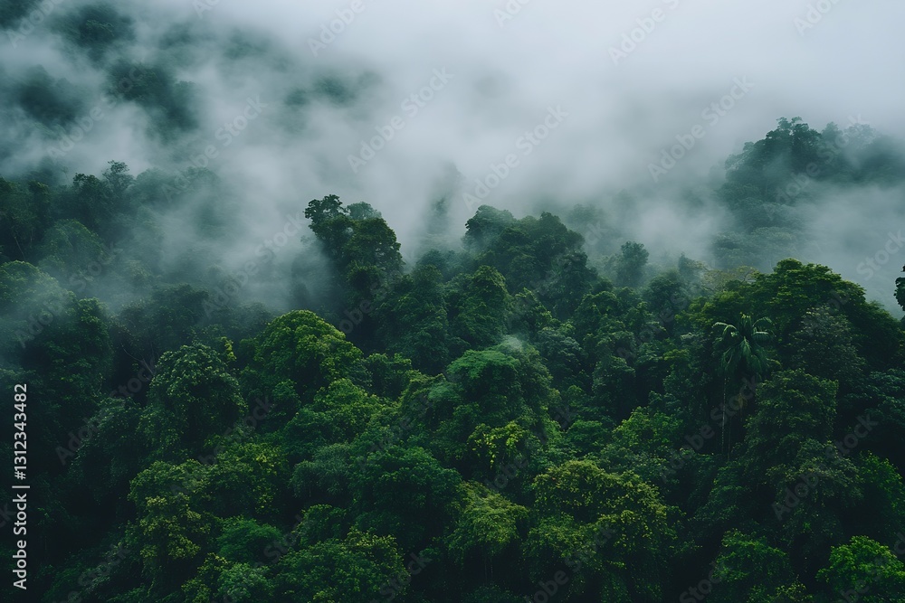 Fototapeta premium Dense Tropical Forest with Rich Vegetation and Soft Fog Creating a Dreamy Atmosphere : Generative AI